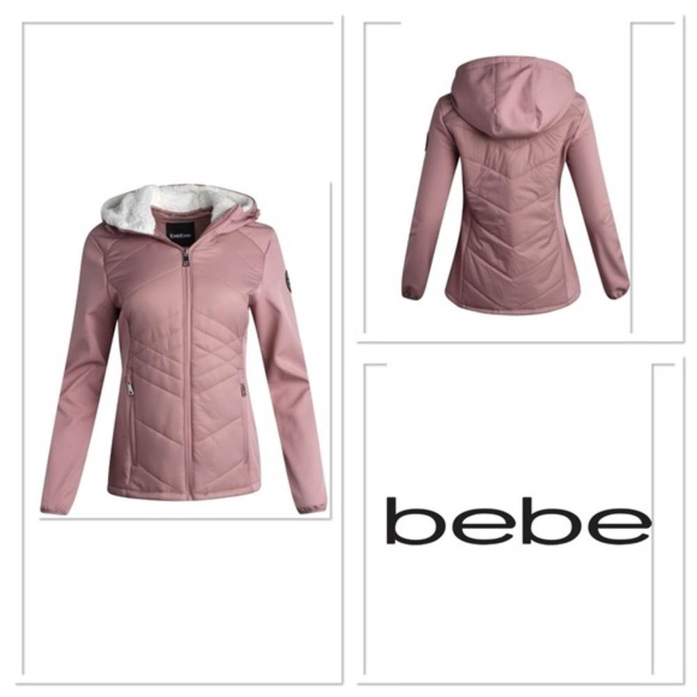 NWT Bebe Hooded Quilted Jacket - Dusty Rose -Sherpa Lined Hood & Rhinestone Logo